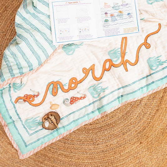 The Seahorse – Personalised Handblock Print Reversible Cotton Quilt