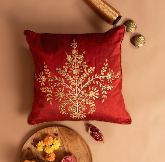 Jharokha- Dupion Silk Gota Patti Handwork Cushion Cover