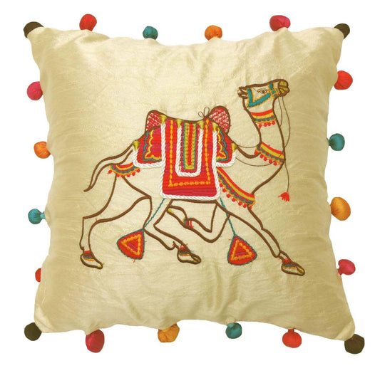 Camel-Embroidred Dupion Silk Cushion Cover