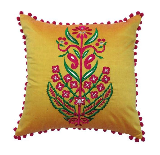 Gul-Embroidred Cotton Silk Cushion Cover