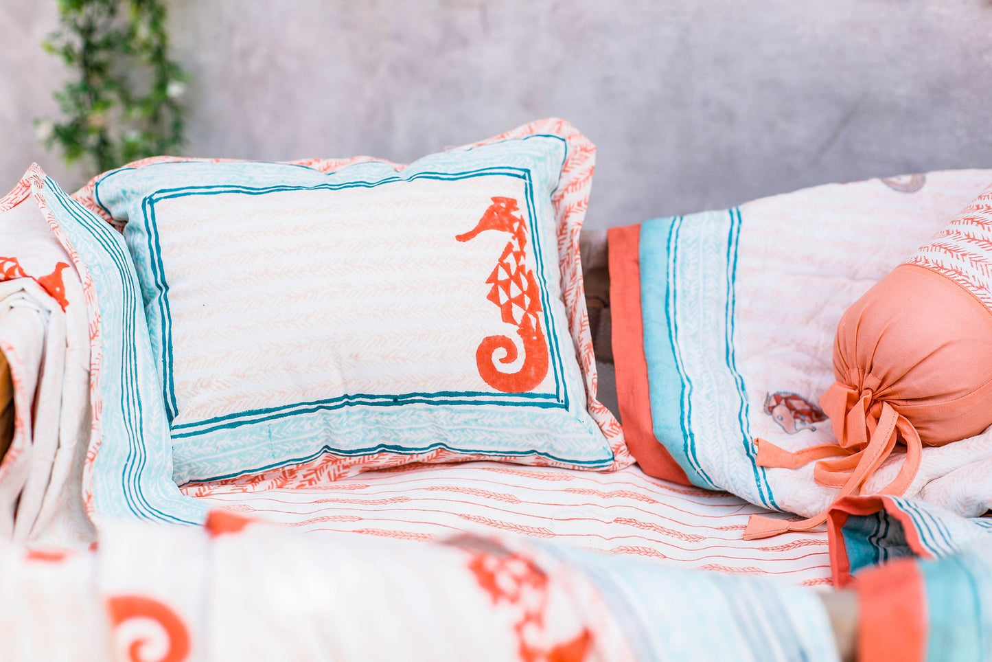 Seahorse And Seaweeds - Hand Block Print Cotton Baby Pillow