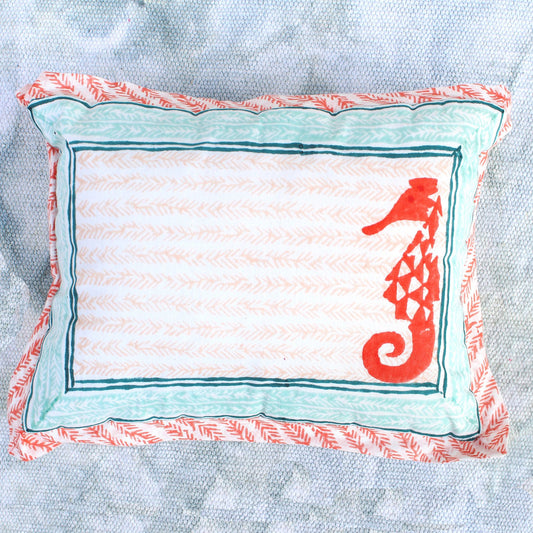 Seahorse And Seaweeds - Hand Block Print Cotton Baby Pillow