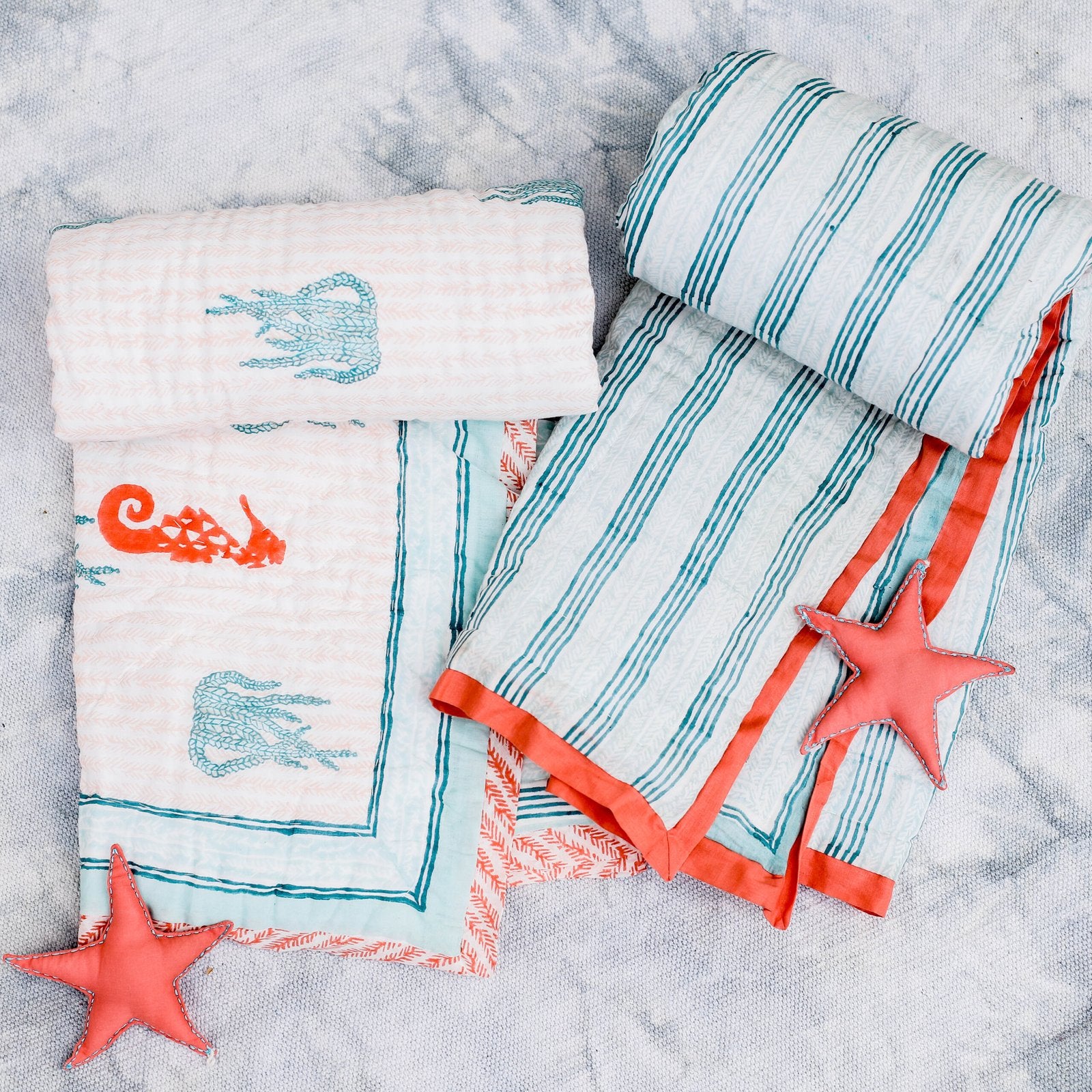 Floating In A Sea – Hand Block Print Reversible Cotton Quilt