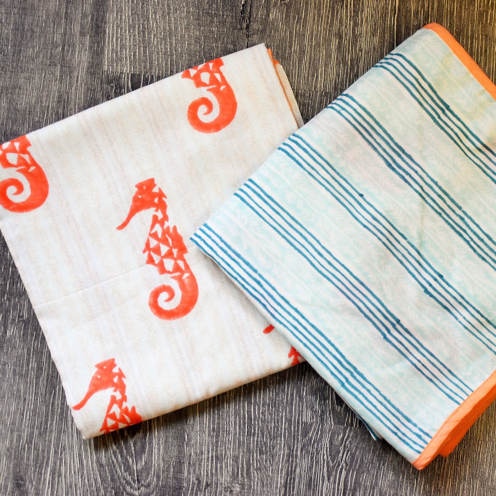Seahorse And Seaweeds – Hand Block Print Reversible Triple Layered Cotton Dohar