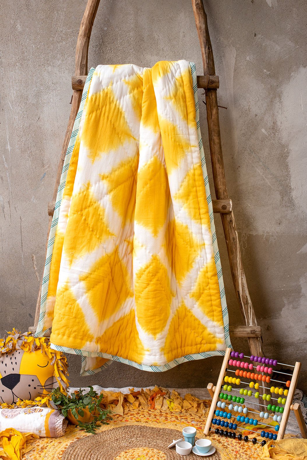 Chorus – Yellow Shibori Dyed Reversible Cotton Quilt for Kids & Adult