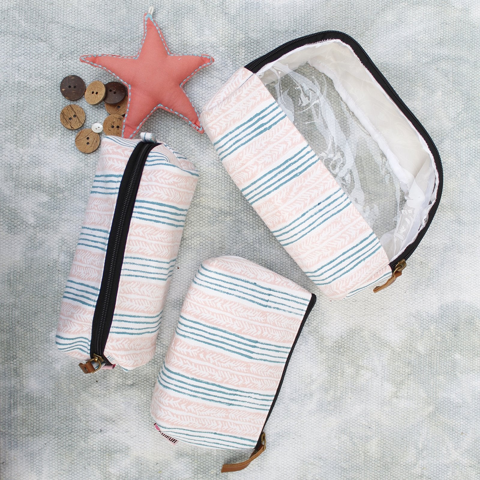 The Seahorse Story - Hand Block Print 3Pc Toiletries Pouch Set