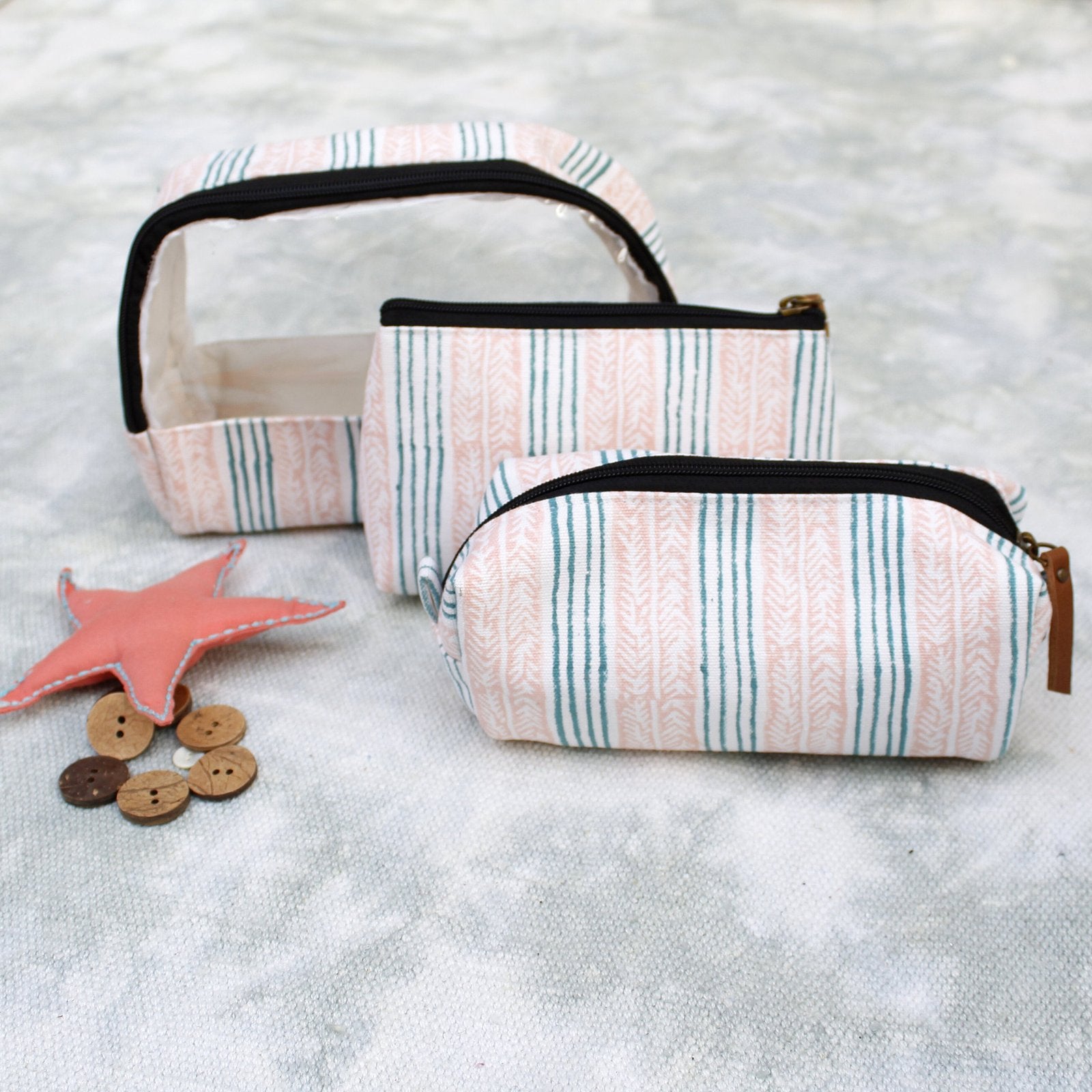 The Seahorse Story - Hand Block Print 3Pc Toiletries Pouch Set