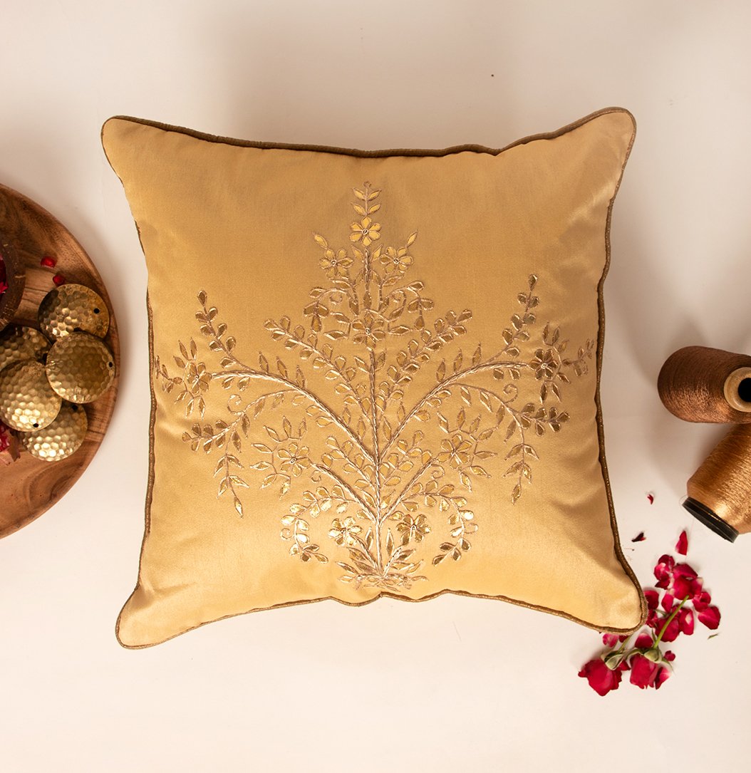 Jharokha- Dupion Silk Gota Patti Handwork Cushion Cover