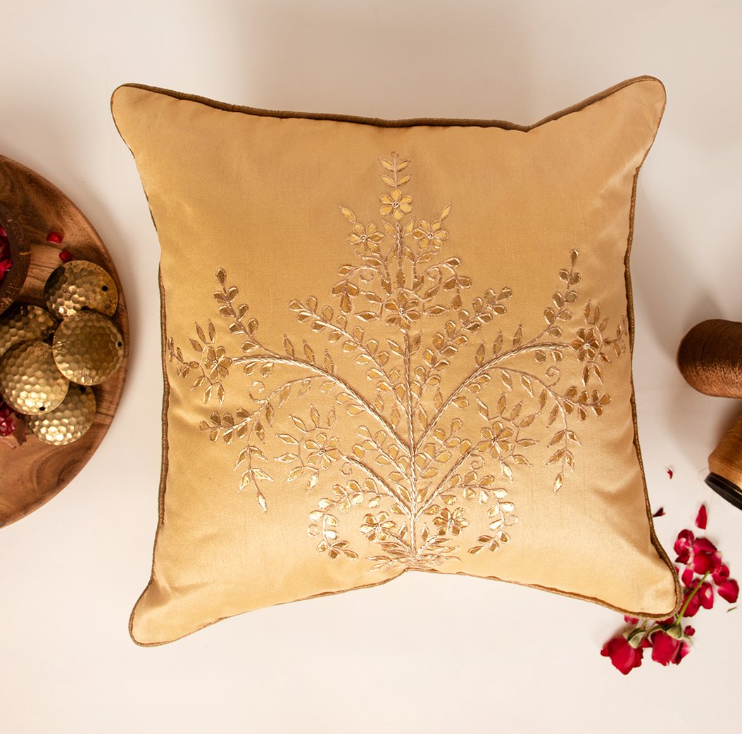 Jharokha- Dupion Silk Gota Patti Handwork Cushion Cover