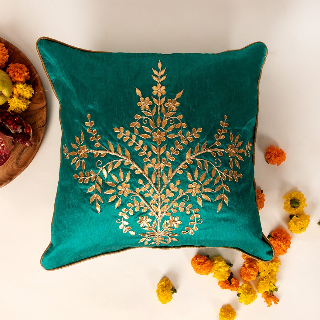 Jharokha- Dupion Silk Gota Patti Handwork Cushion Cover