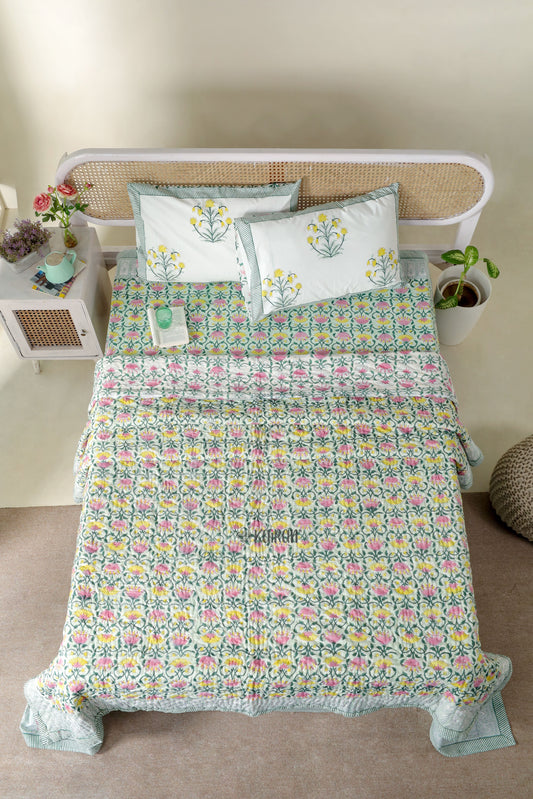 BAREILLY HAND BLOCK PRINTED BEDSHEET & PILLOWS