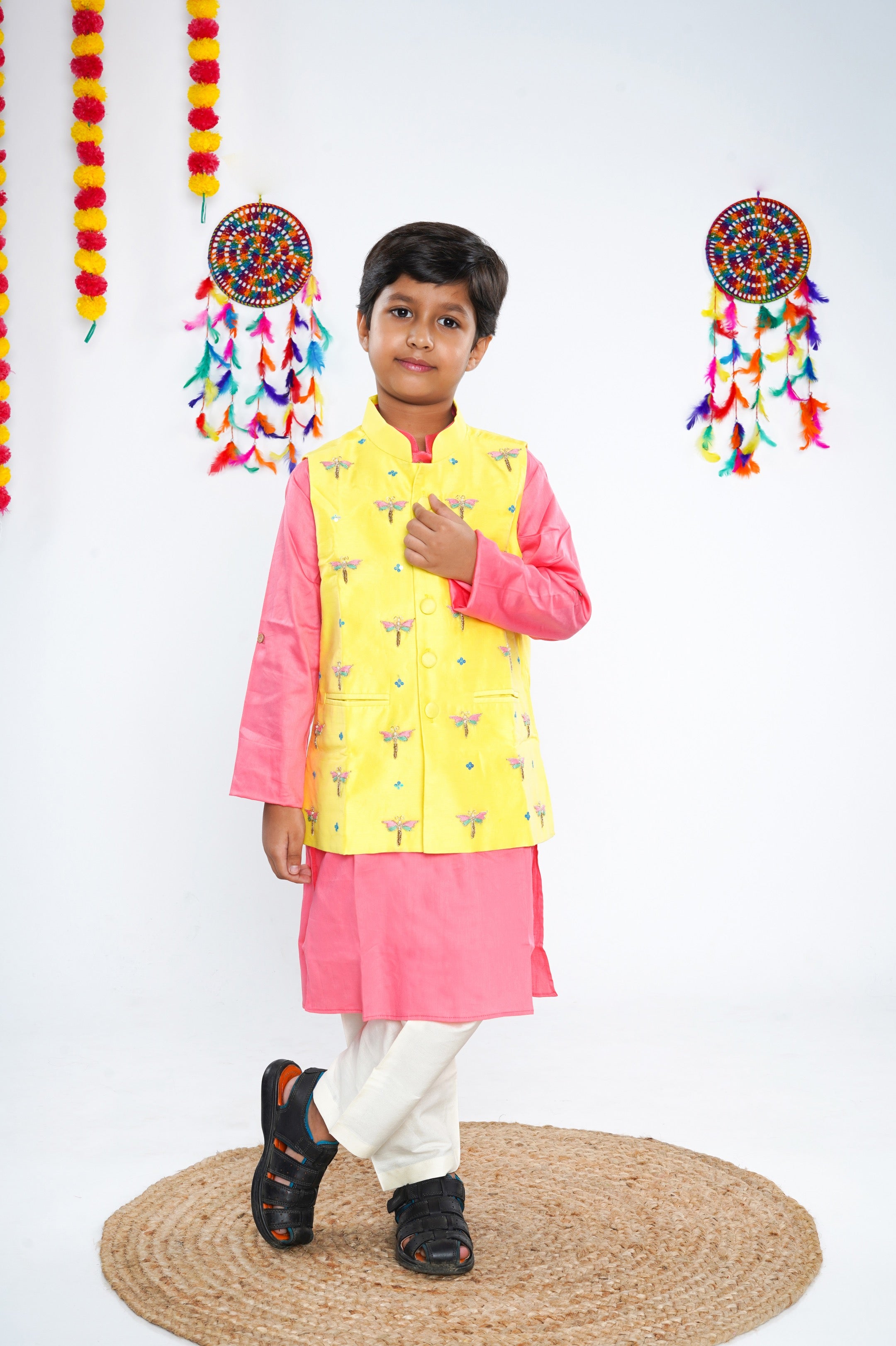 Dragon fly Chanderi Hand Embroidered Jacket Kurta Pyjama Set(Yellow and Pink)