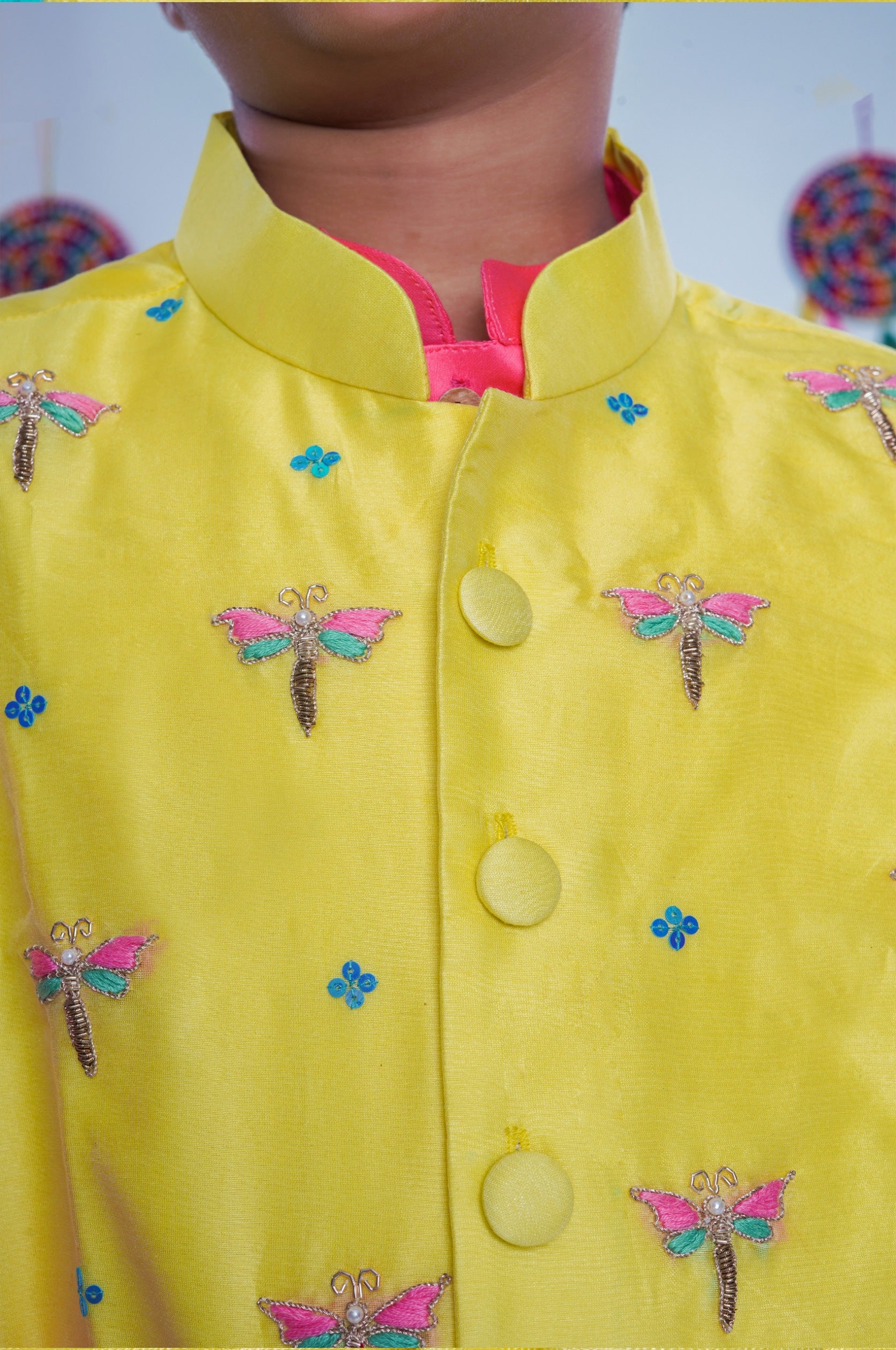 Dragon fly Chanderi Hand Embroidered Jacket Kurta Pyjama Set(Yellow and Pink)