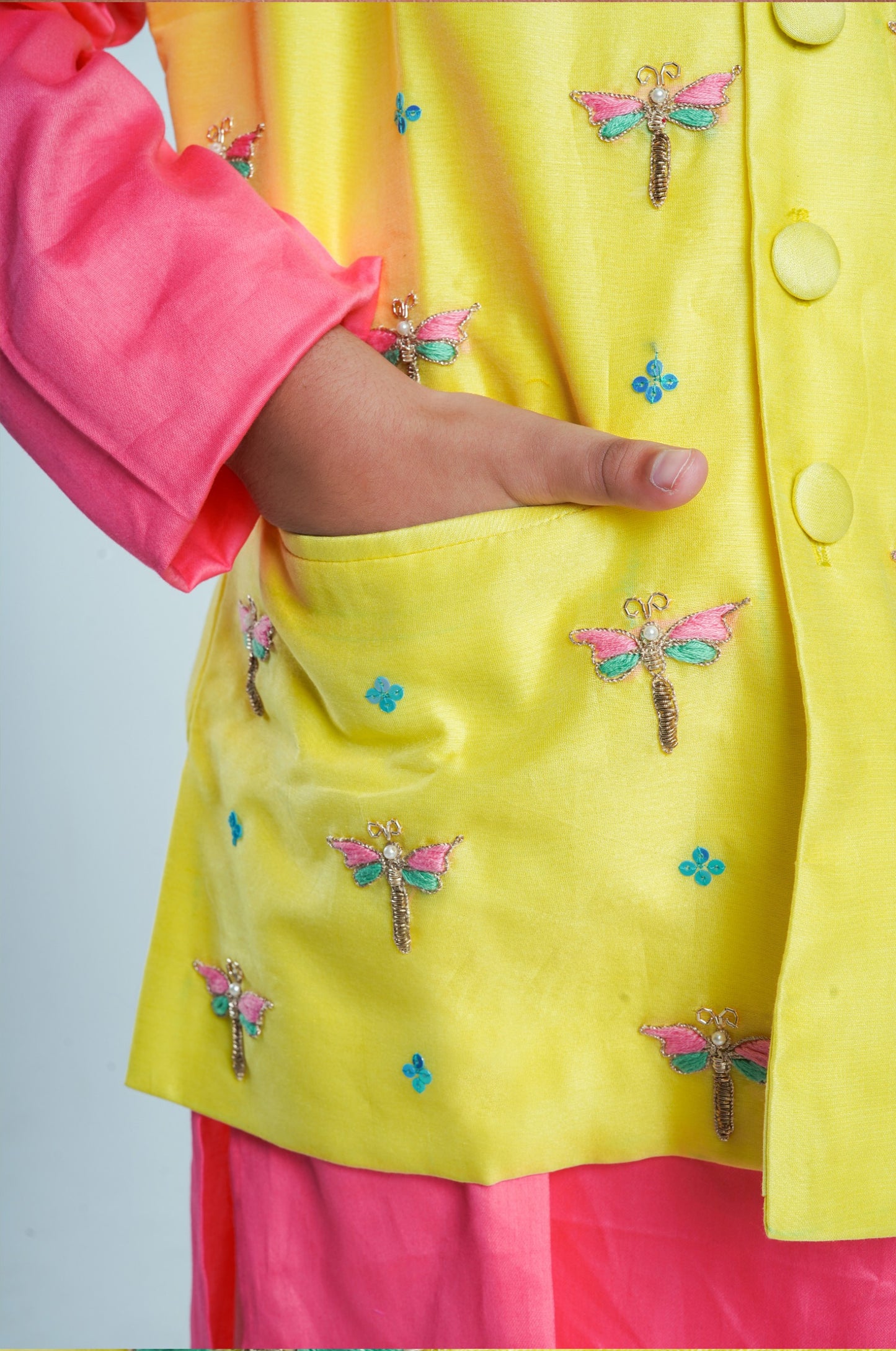 Dragon fly Chanderi Hand Embroidered Jacket Kurta Pyjama Set(Yellow and Pink)
