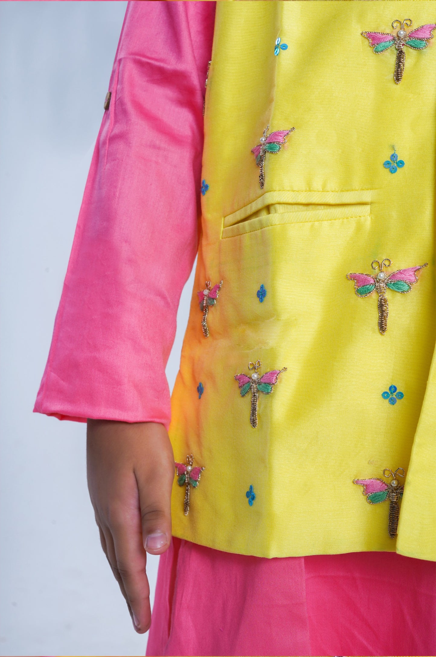 Dragon fly Chanderi Hand Embroidered Jacket Kurta Pyjama Set(Yellow and Pink)