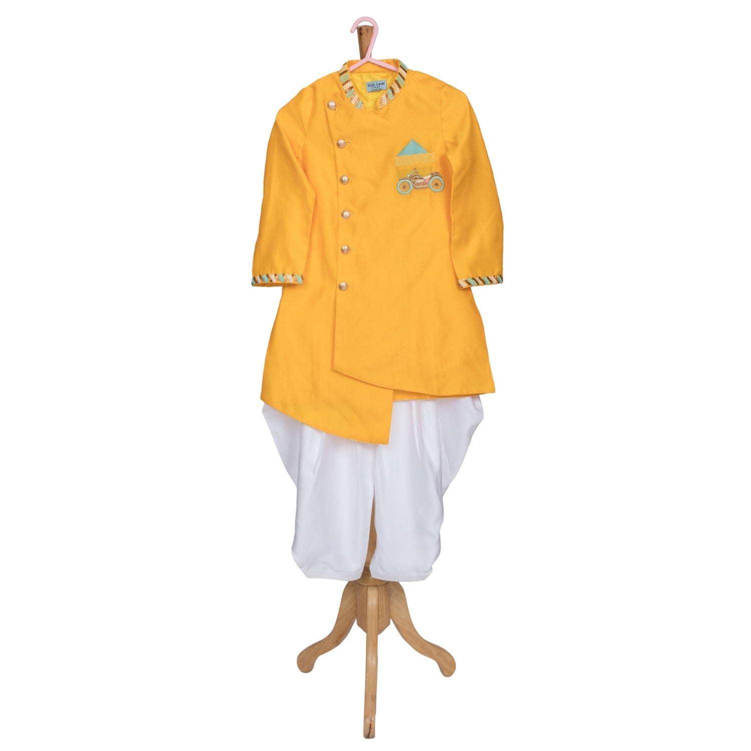 Chanderi Hand Embroidered Motorcyle Motif Indo Western with Pathani(Yellow)