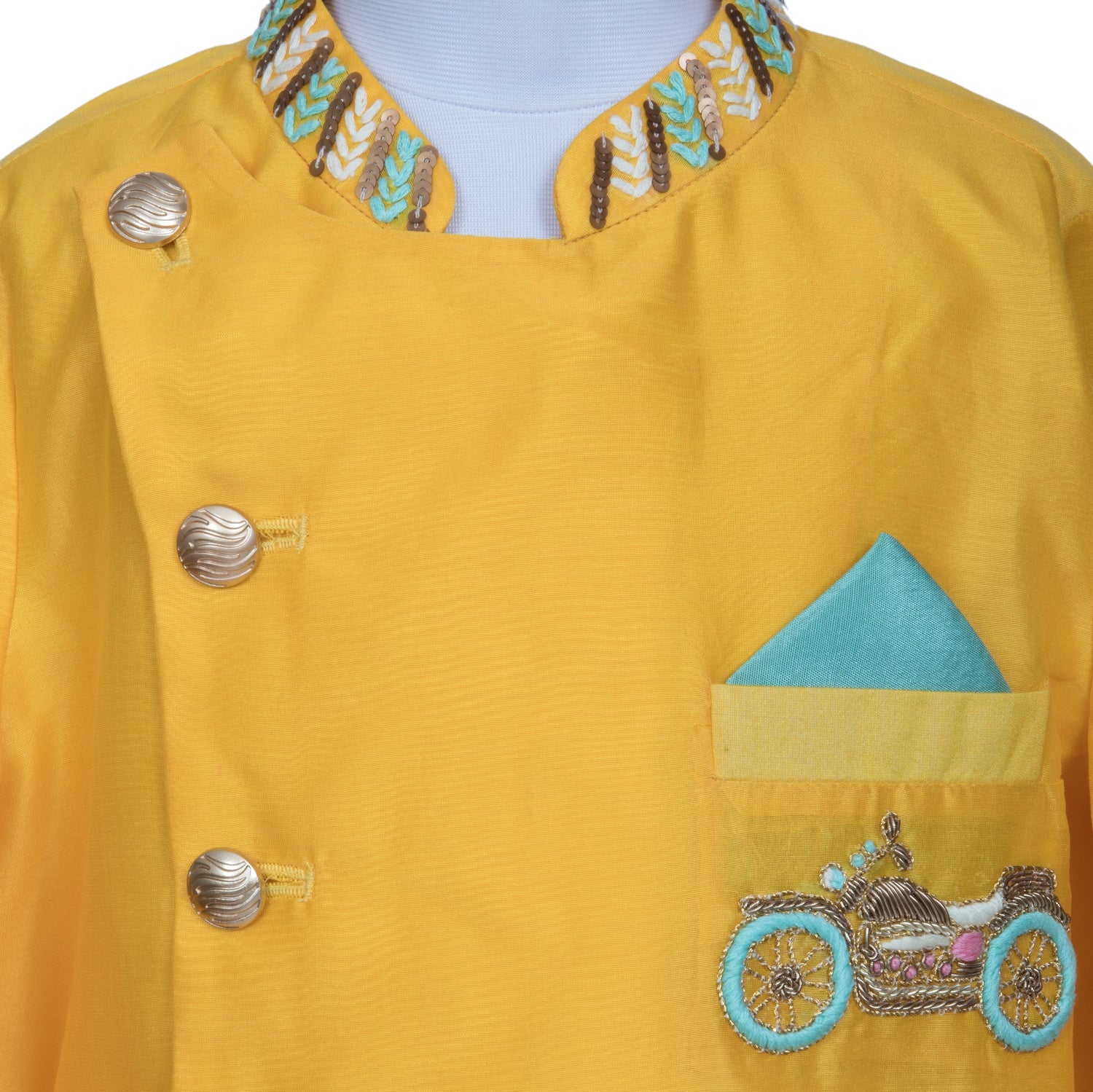 Chanderi Hand Embroidered Motorcyle Motif Indo Western with Pathani(Yellow)