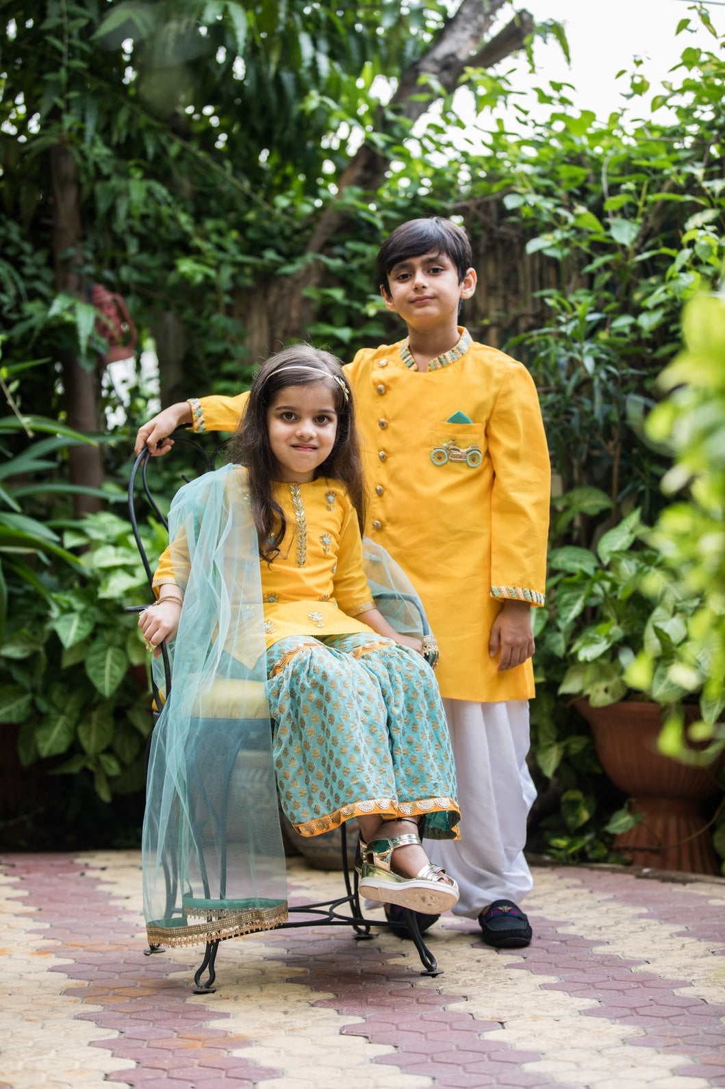 Chanderi Hand Embroidered Motorcyle Motif Indo Western with Pathani(Yellow)