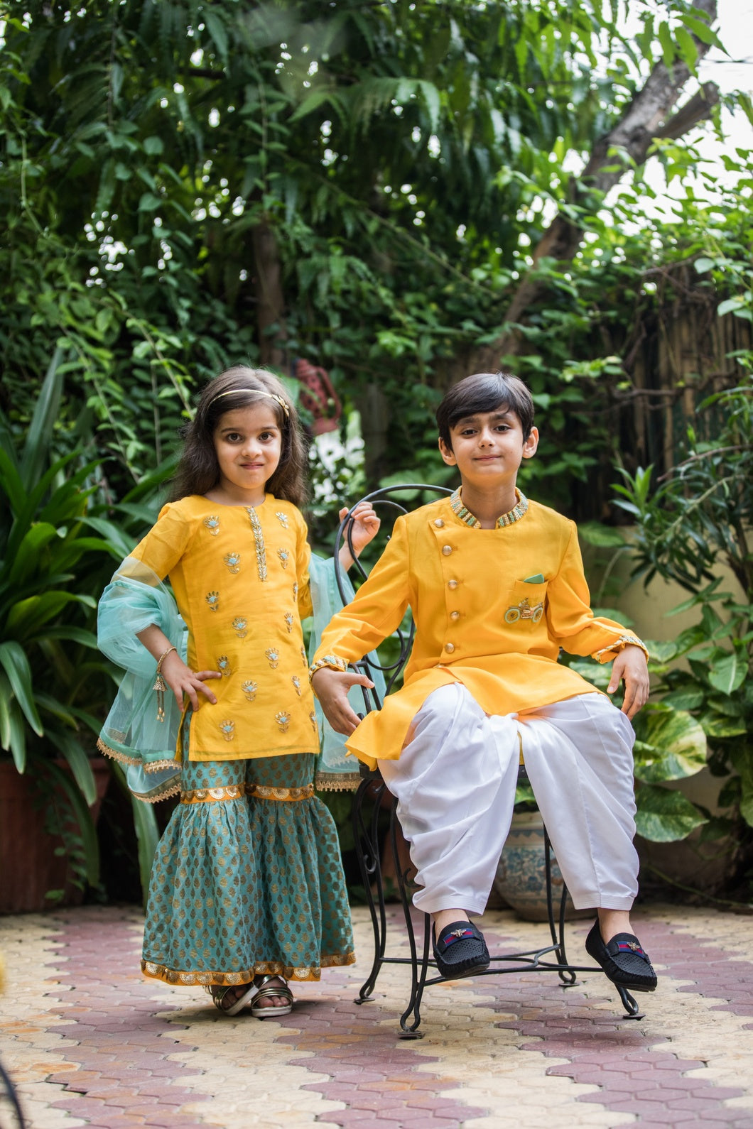 Chanderi Hand Embroidered Motorcyle Motif Indo Western with Pathani(Yellow)