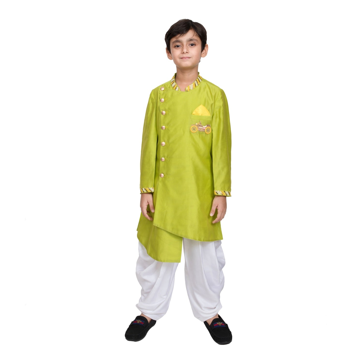 Chanderi Hand Embroidered Motorcyle Motif Indo Western with Pathani(Flouroscent Green)
