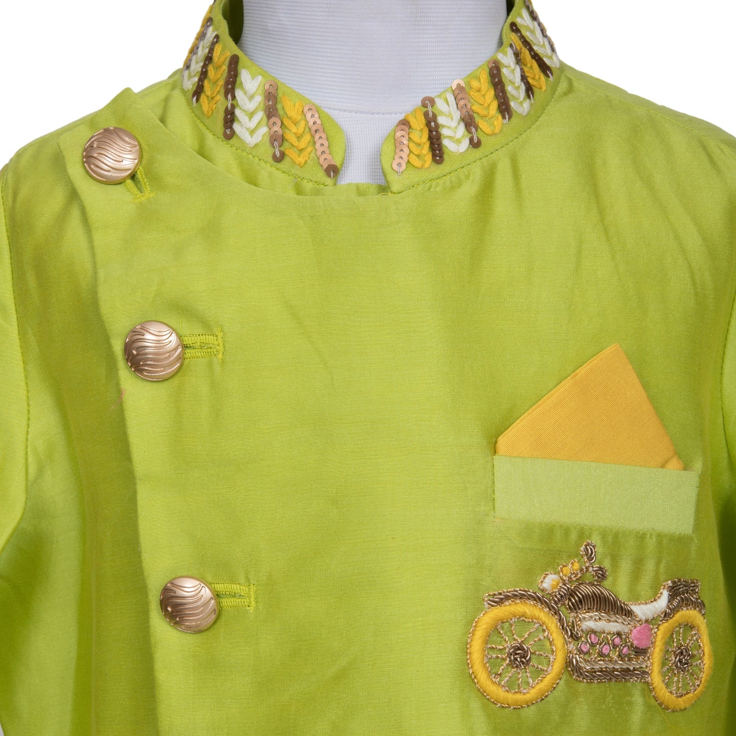 Chanderi Hand Embroidered Motorcyle Motif Indo Western with Pathani(Flouroscent Green)