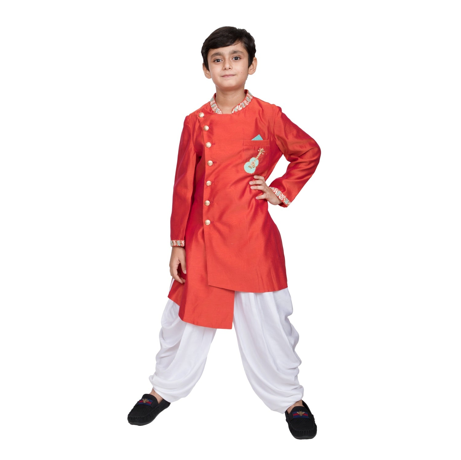 Chanderi Hand Embroidered Guitar Motif Indo Western with Pathani(Rust Red)