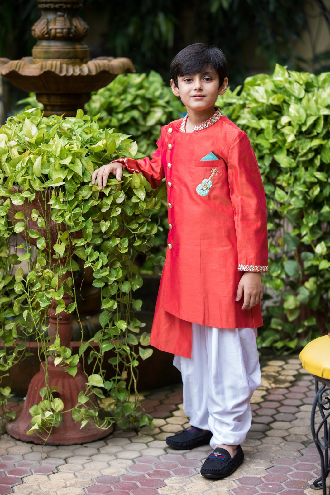 Chanderi Hand Embroidered Guitar Motif Indo Western with Pathani(Rust Red)