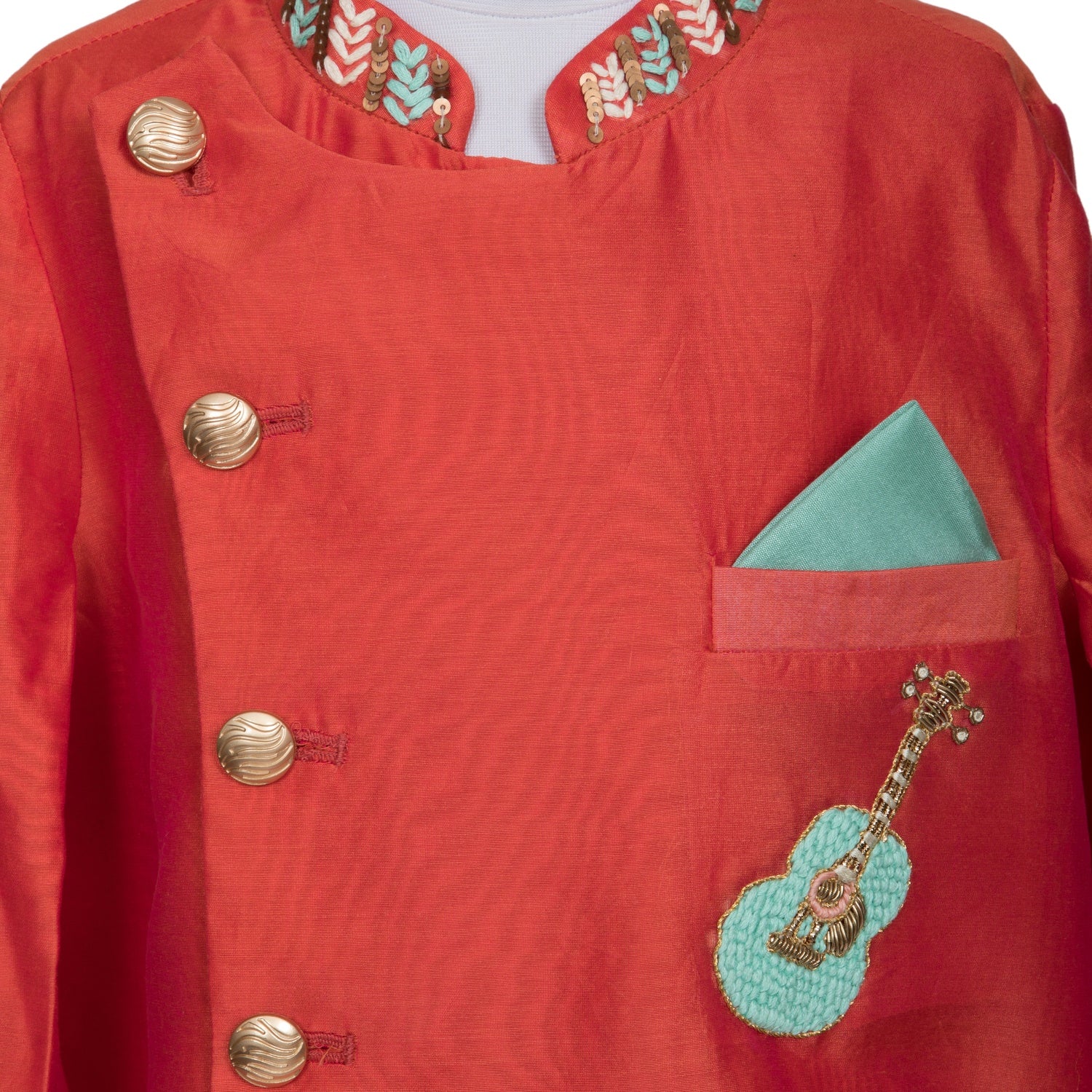 Chanderi Hand Embroidered Guitar Motif Indo Western with Pathani(Rust Red)