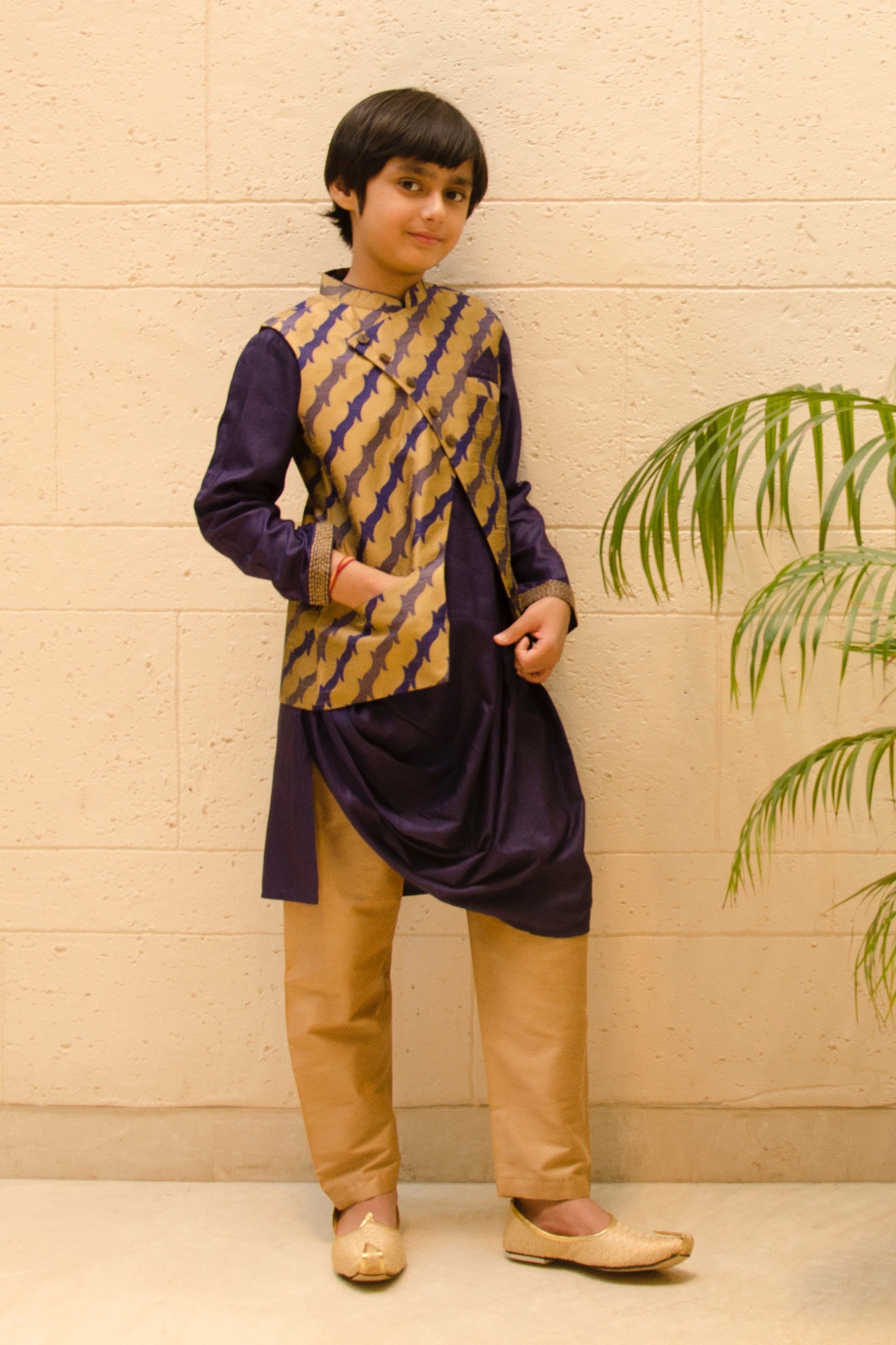 Silk Draped Kurta Pyjama Set with Gold Jacket