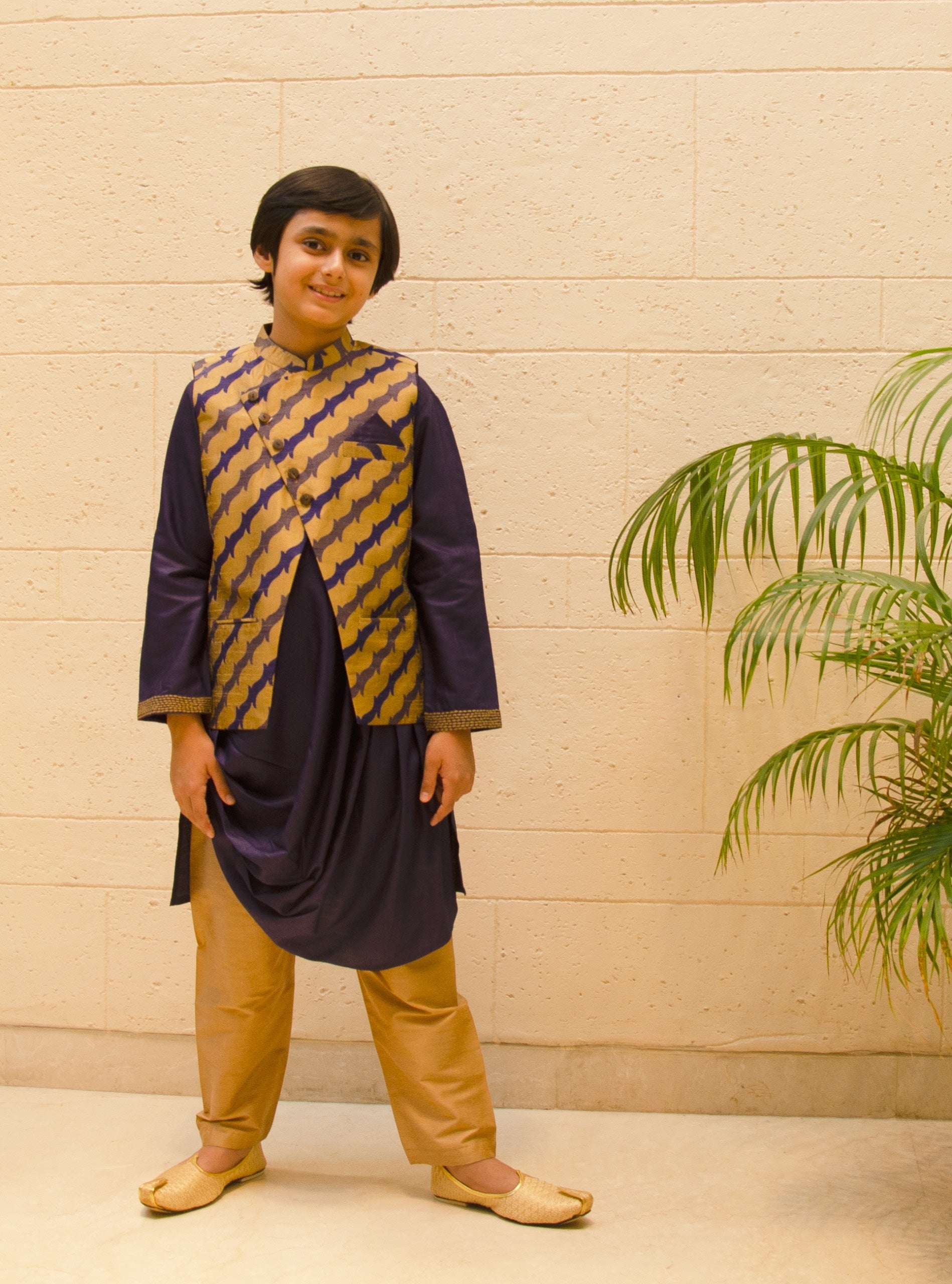 Silk Draped Kurta Pyjama Set with Gold Jacket