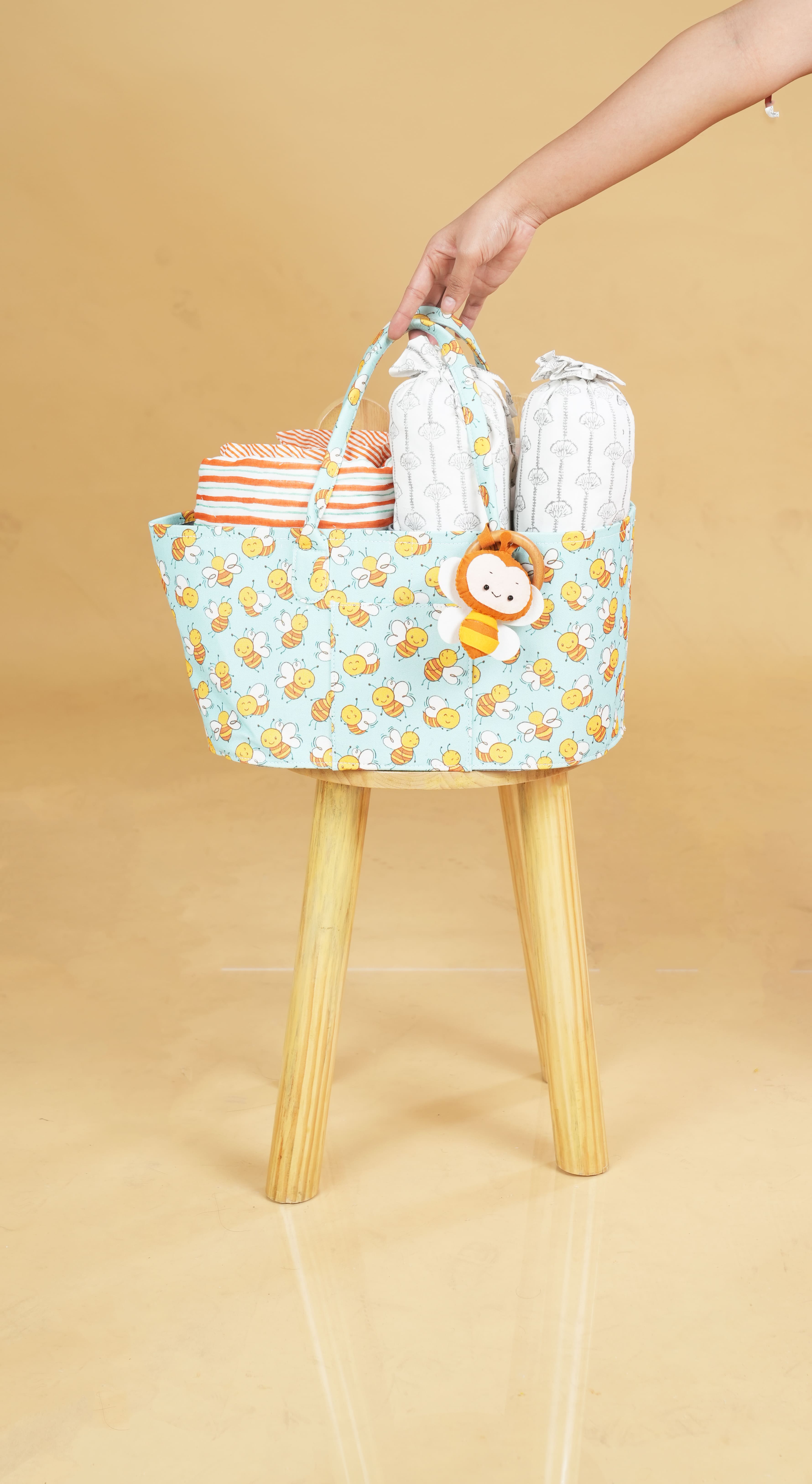 Oval Diaper Caddy Honey Bees Print Personalised Bag