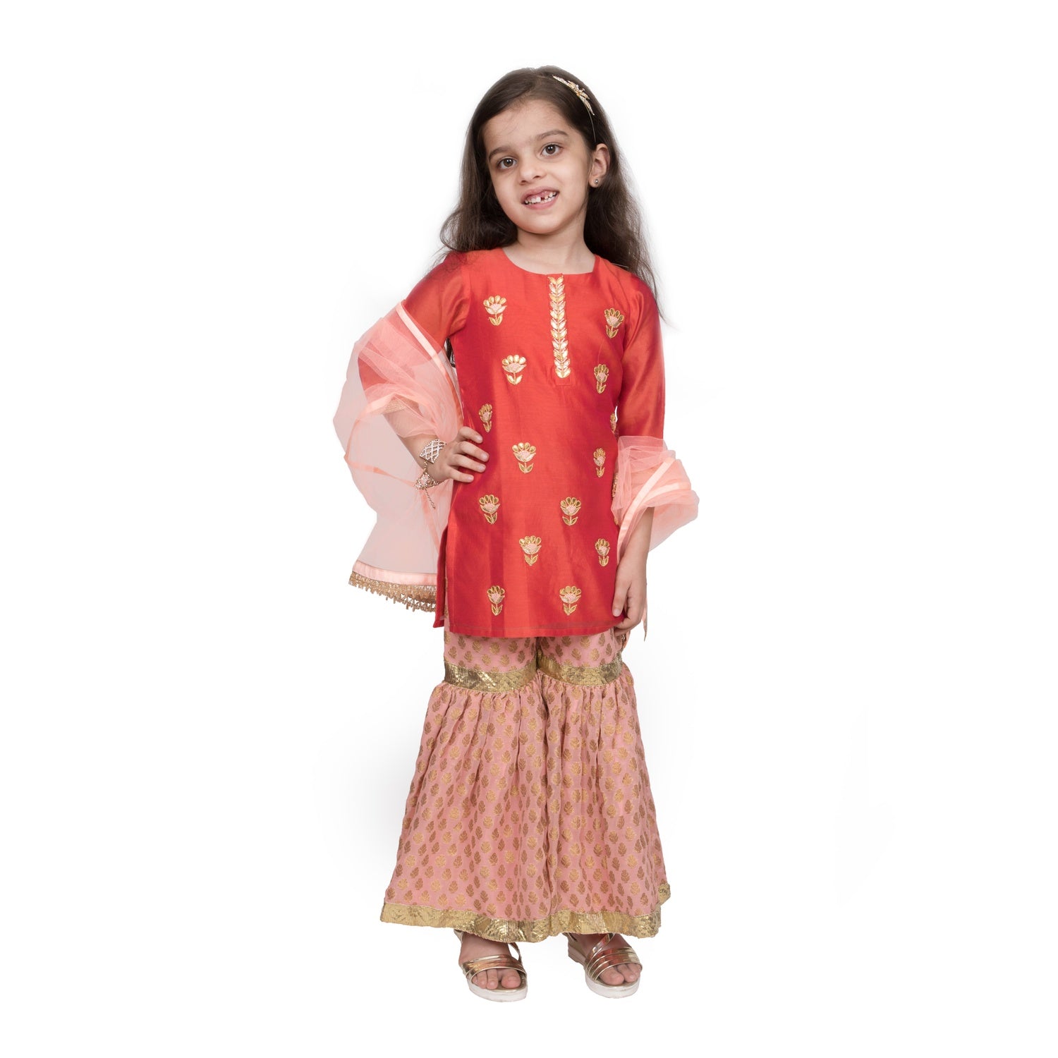 Chanderi Kurta with Gotta Patti work and Banarasi Georgette Sharara Set(RUST RED)