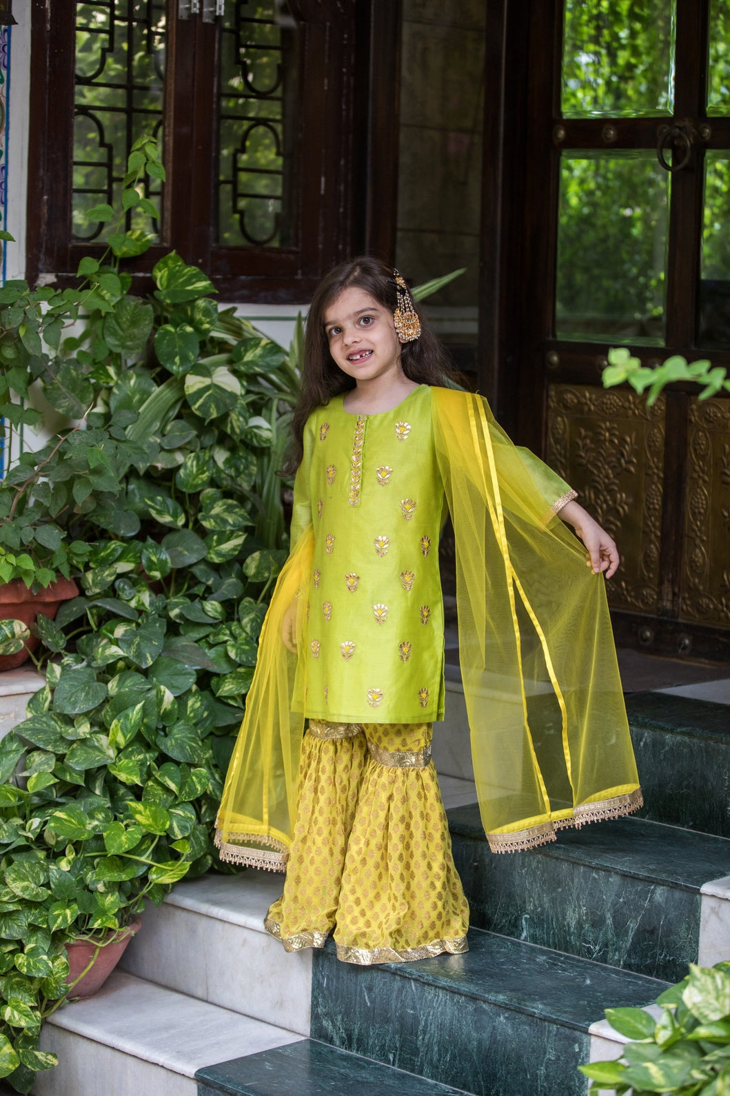 Chanderi Kurta with Gotta Patti work and Banarasi Georgette Sharara Set (Floroscent Green)