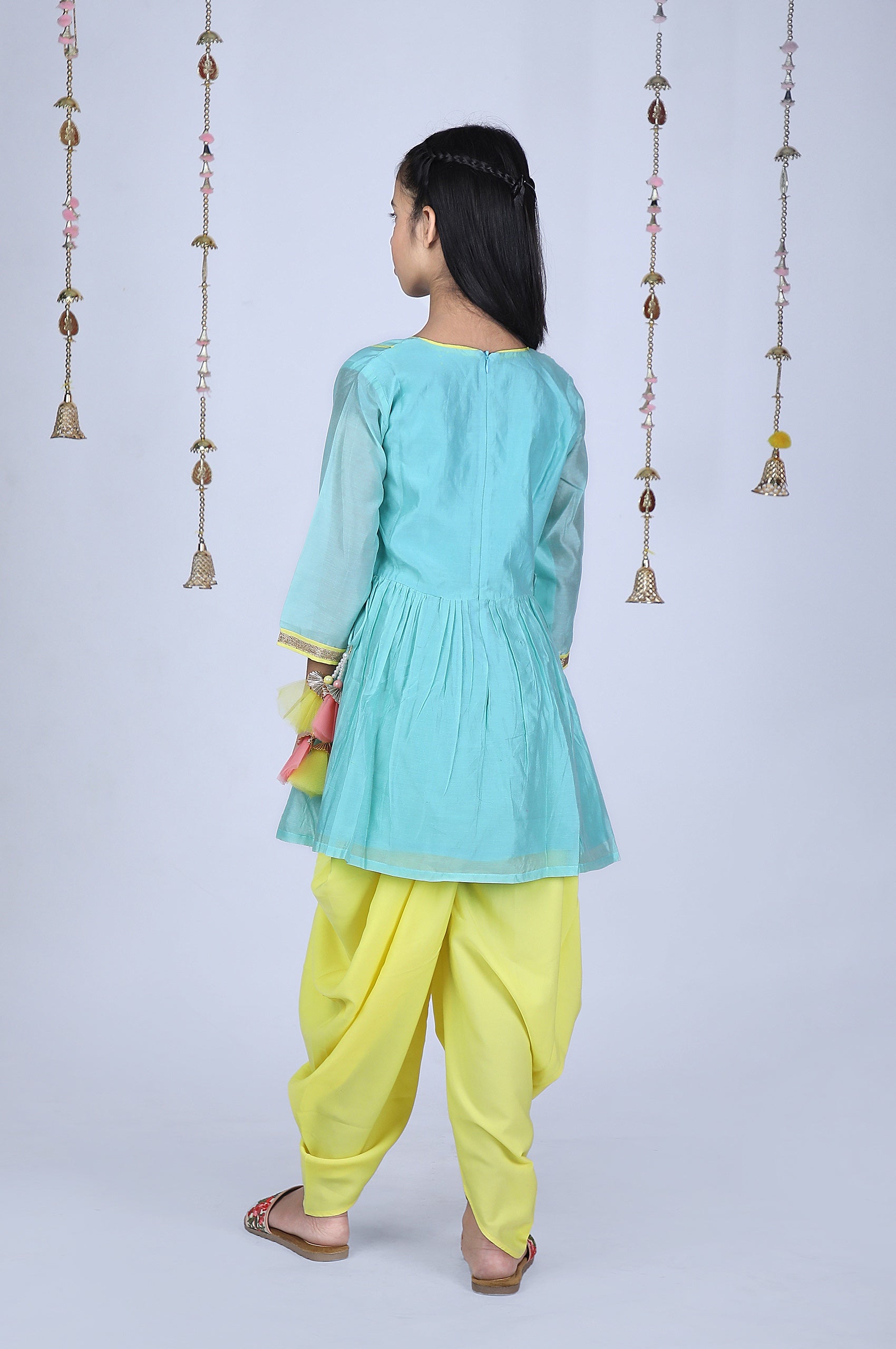 Dragon Fly Hand Embroidered Chanderi Peplum and Dhoti Set(Sea Green)