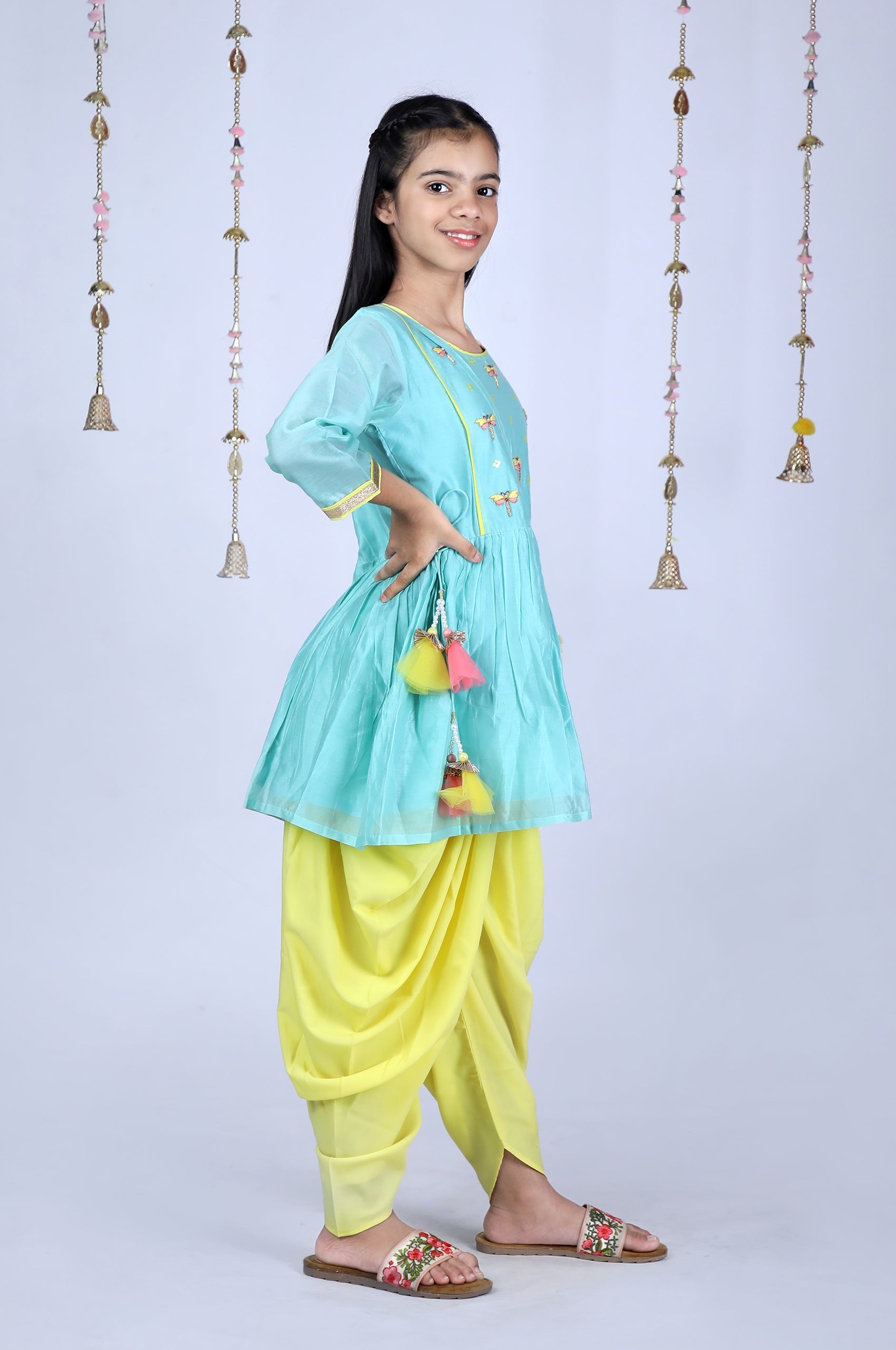 Dragon Fly Hand Embroidered Chanderi Peplum and Dhoti Set(Sea Green)