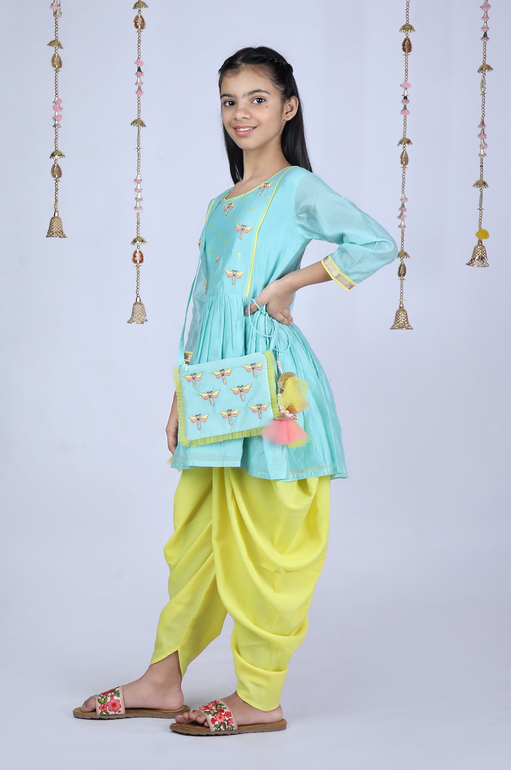 Dragon Fly Hand Embroidered Chanderi Peplum and Dhoti Set(Sea Green)