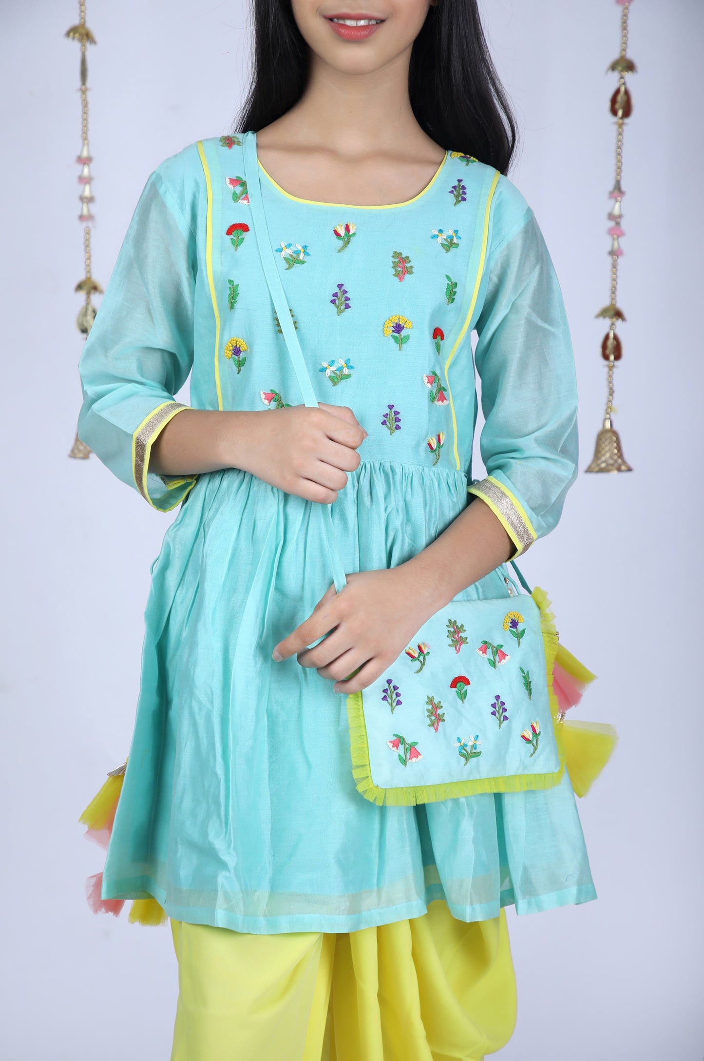 Floral Hand Embroidered Chanderi Peplum and Dhoti Set(Sea Green)