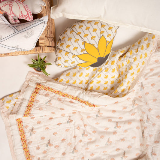 The Chirping Birds – Hand Block Print Reversible Cotton Quilt
