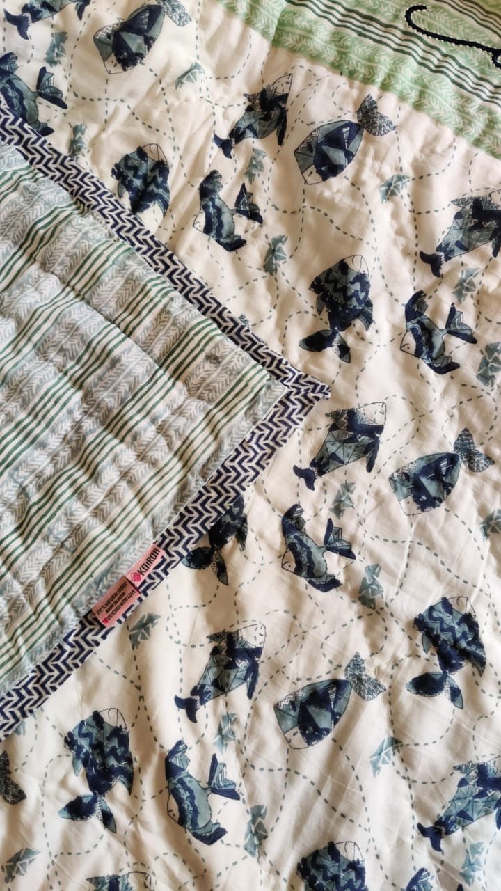Machali Aur Naav-Handblock Print Reversible Kids Cotton Quilt (Indigo)