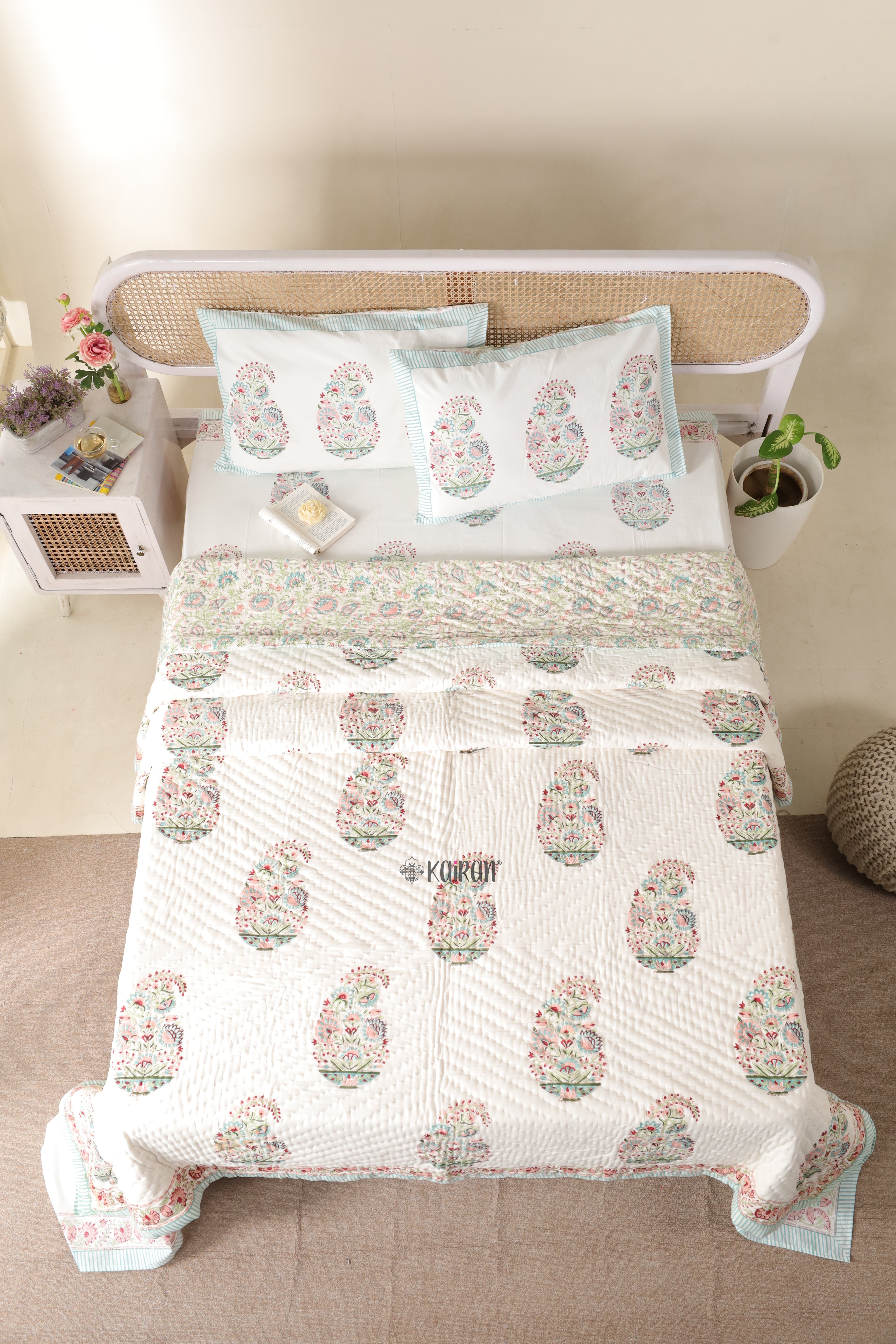 KASHMIR  HAND BLOCK PRINTED BEDSHEET & PILLOWS