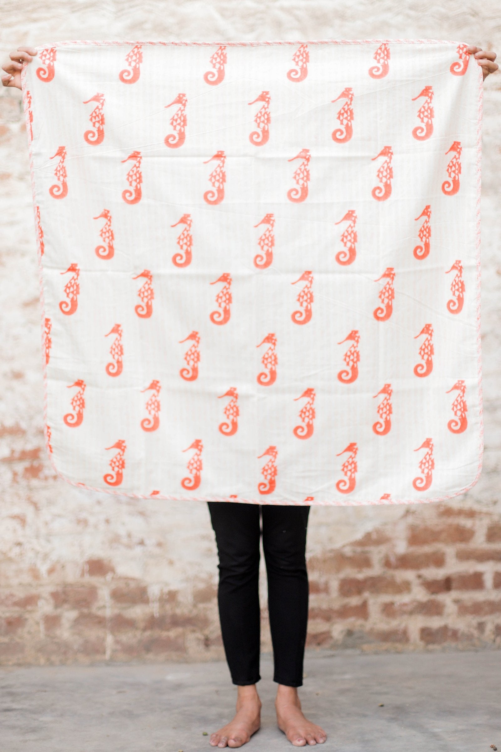 Seahorse And Seaweeds – Hand Block Print Reversible Triple Layered Cotton Dohar