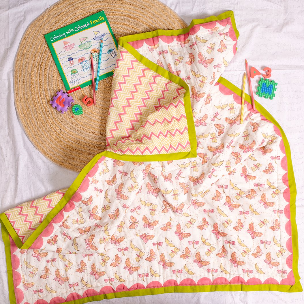 The Colorful Wings – Hand Block Print Reversible Cotton Quilt for Kids