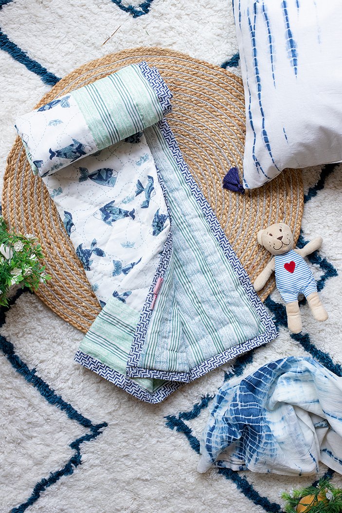 Machali Aur Naav-Handblock Print Reversible Kids Cotton Quilt (Indigo)