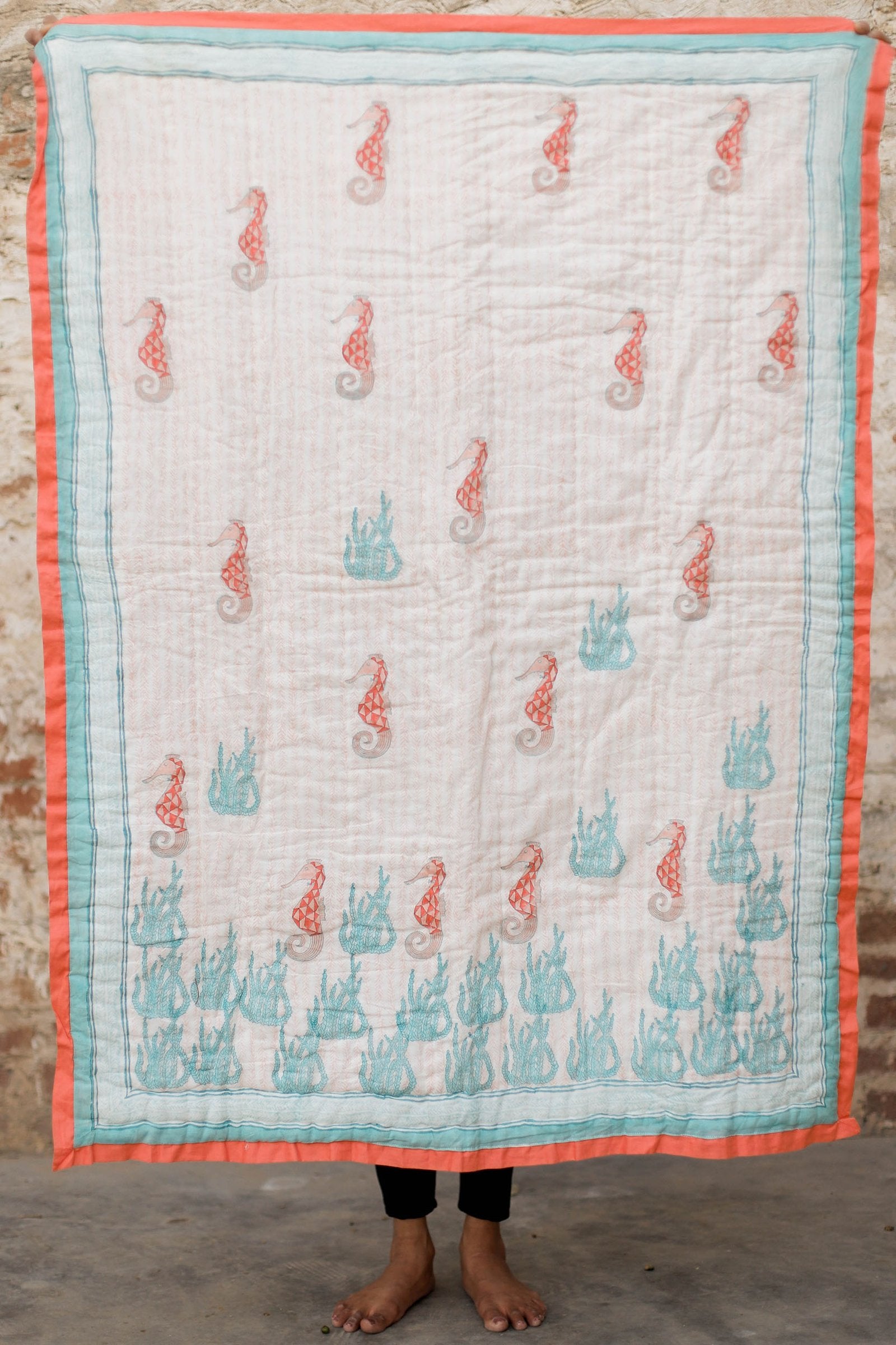 Seahorse And Seaweeds – Hand Block Print Reversible Cotton Quilt