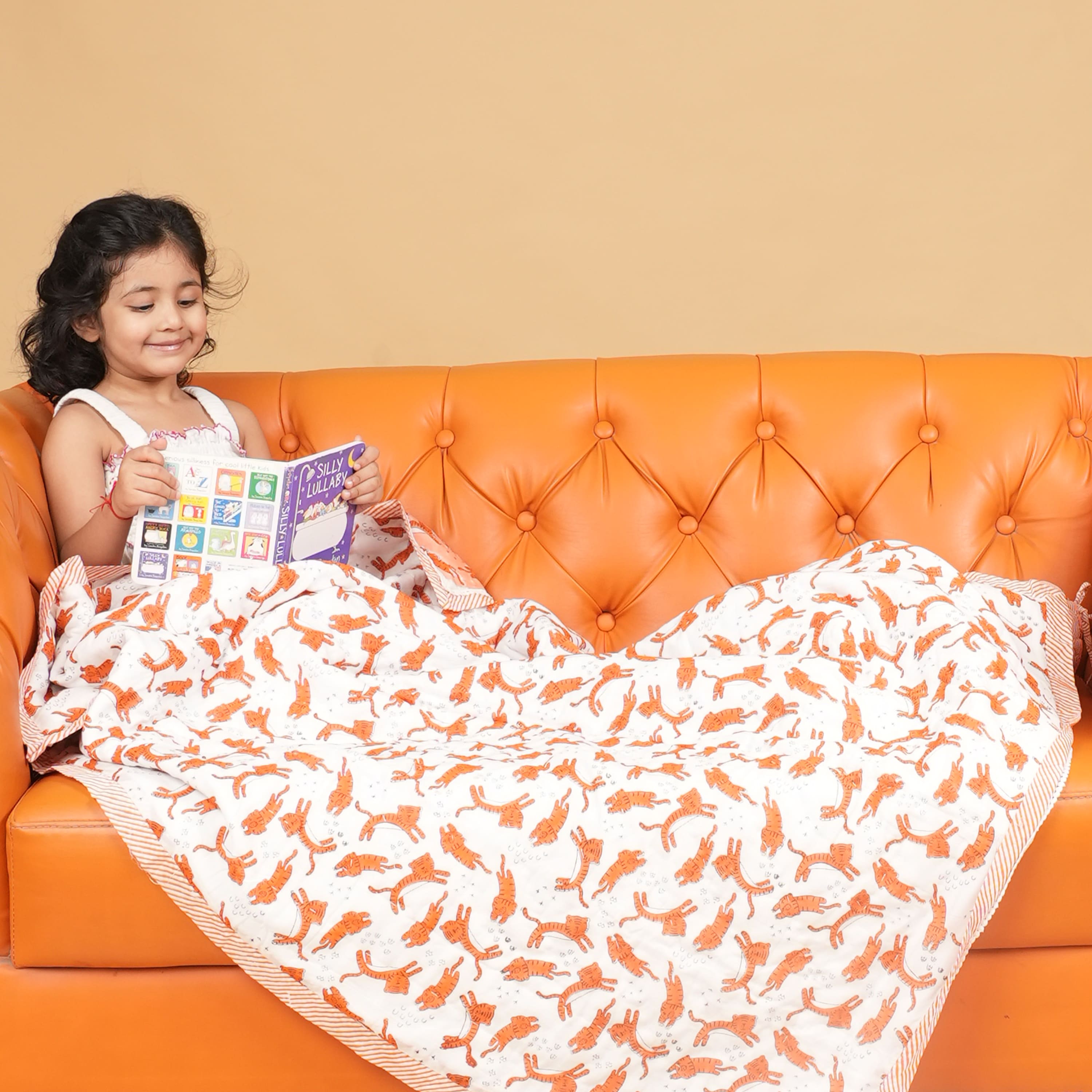 White Tiger– Hand Block Print Reversible Cotton Quilt for Kids