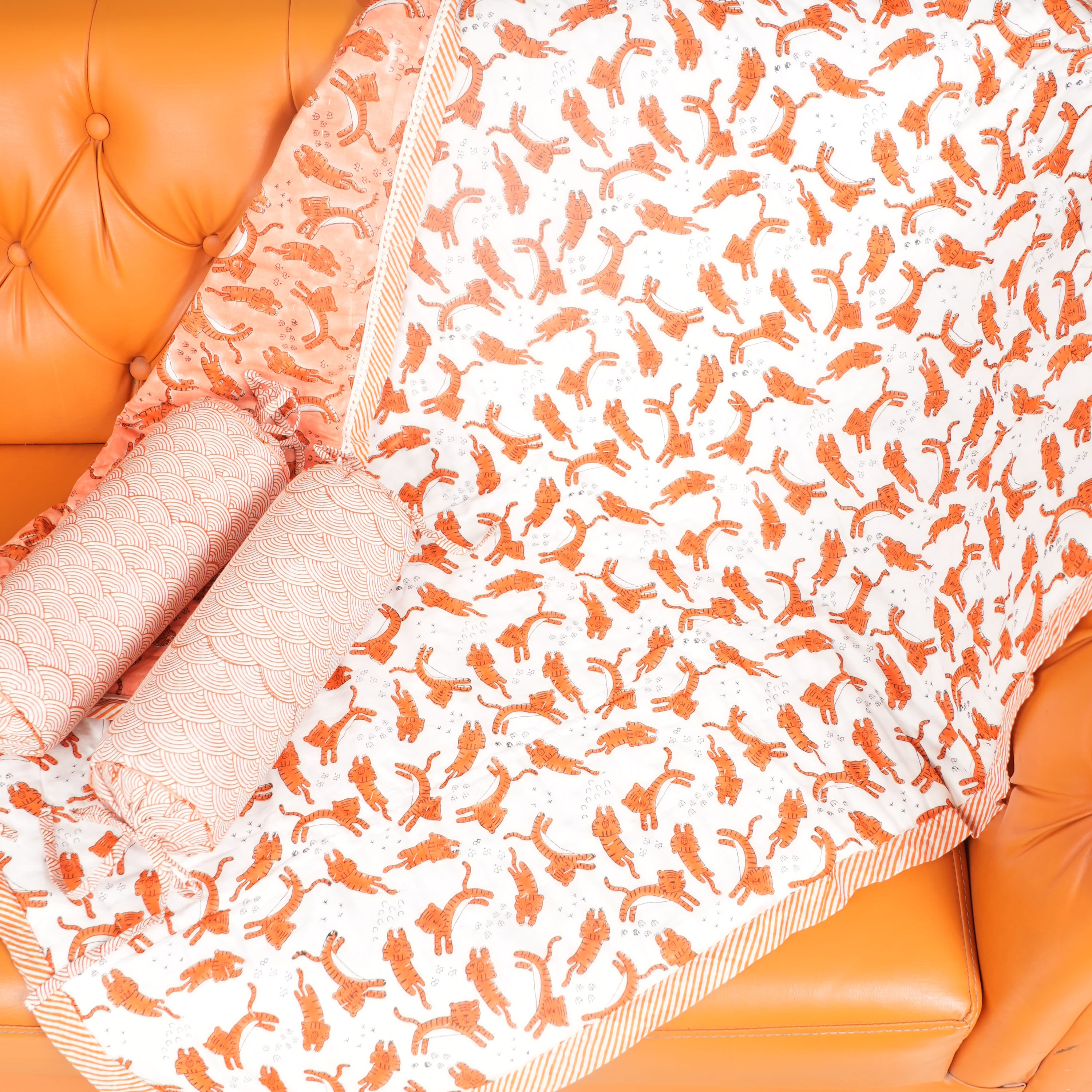 White Tiger– Hand Block Print Reversible Cotton Quilt for Kids
