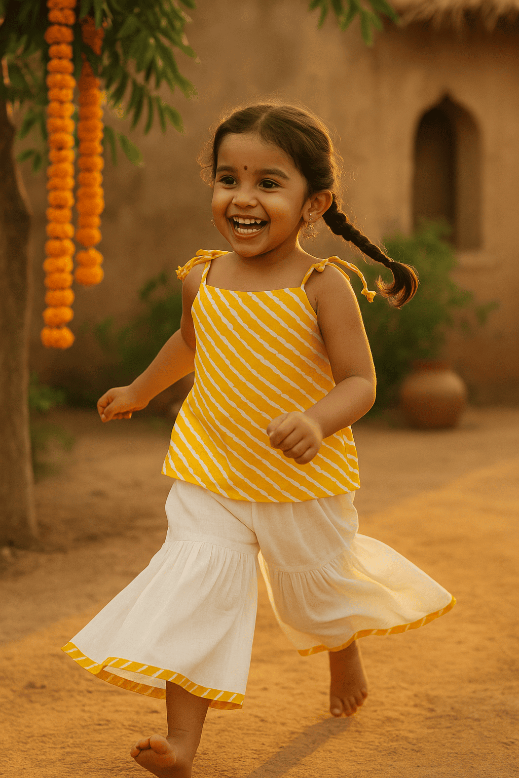 yellow print tie-up kurta with sharara pant