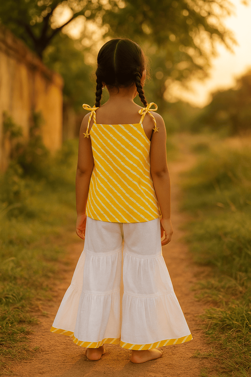 yellow print tie-up kurta with sharara pant