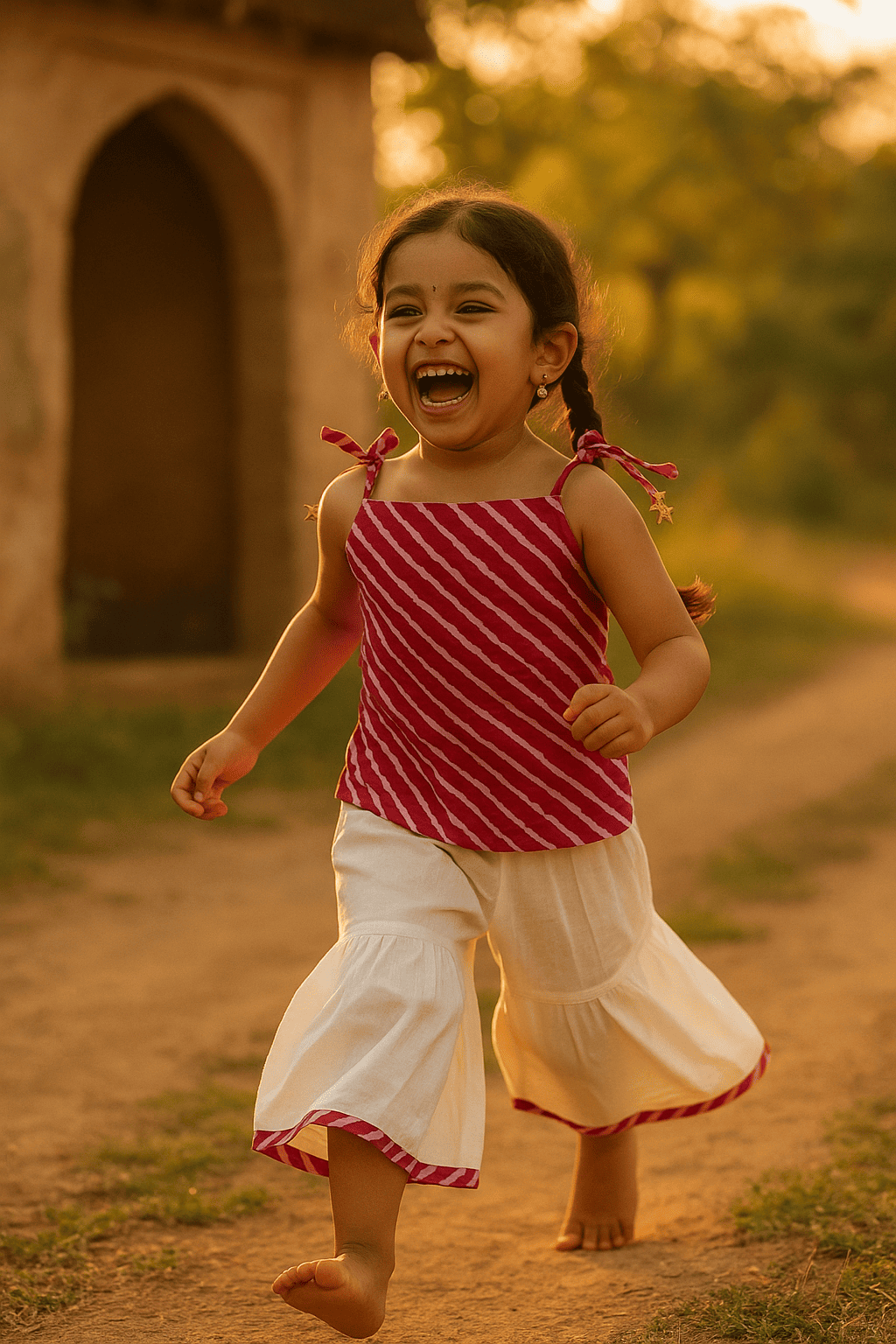 Pink Leheriya print tie-up kurta with sharara pant