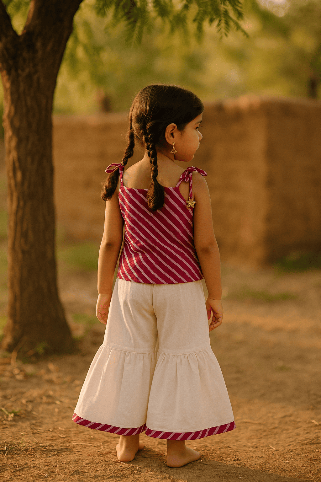 Pink Leheriya print tie-up kurta with sharara pant